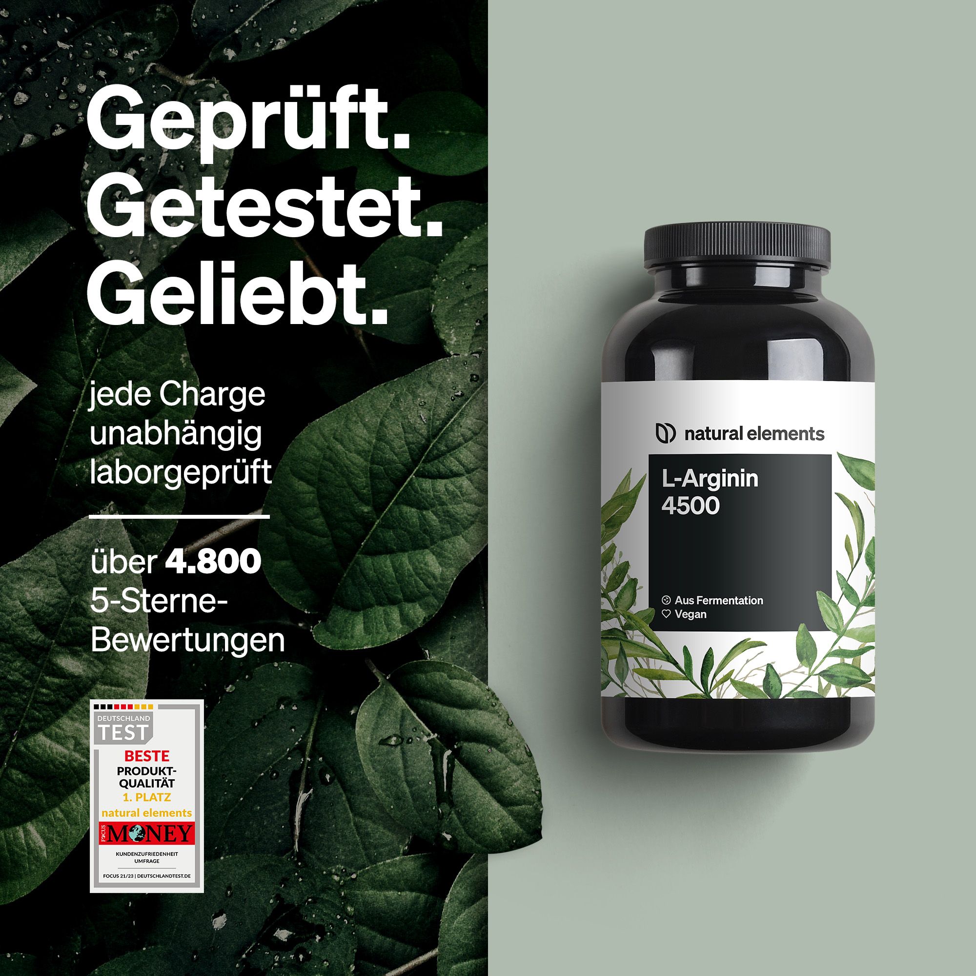 Schwarze Flasche mit weißem Etikett. Aufschrift: L-Arginin 4500. Marke: natural elements. Mit grünen Blättern verziert. Vegan. Qualitätszeichen.