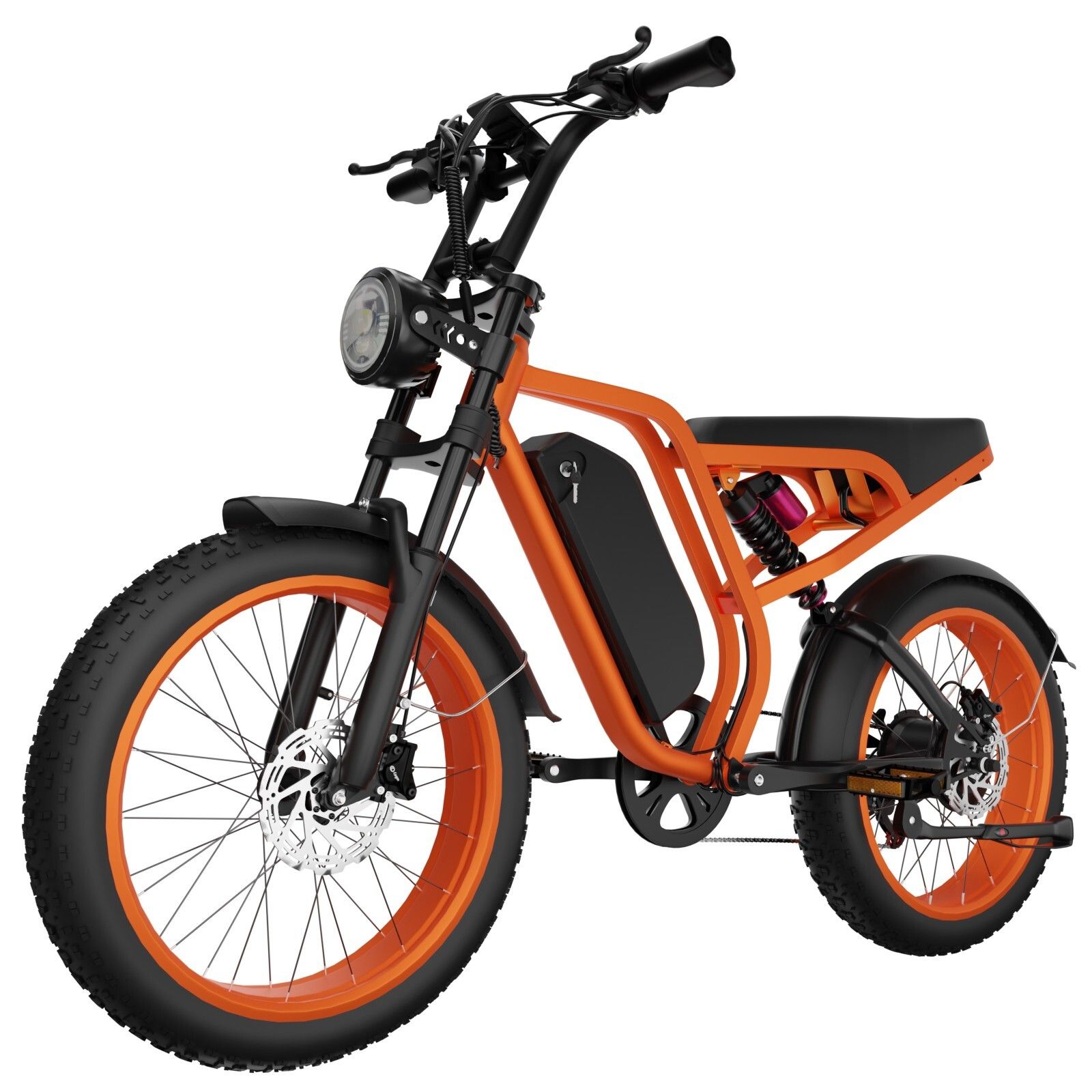 Orangefarbenes Elektro-Fatbike. Schwarze Elemente: Rahmen, Reifen, Sattel. Runde Scheinwerfer. Batterie am Rahmen.