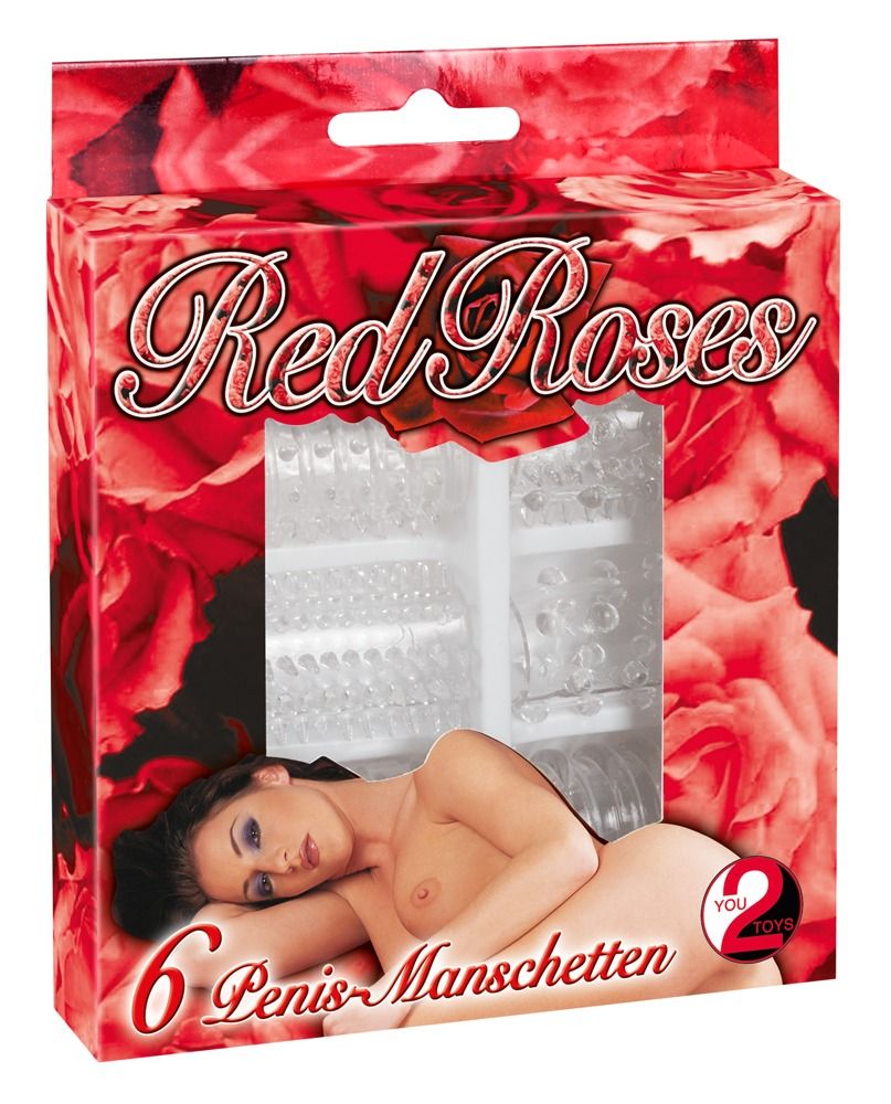 Verpackung mit sechs Penis Sleeves. Aufdruck: Red Roses, You2Toys. Abbildung einer Frau.