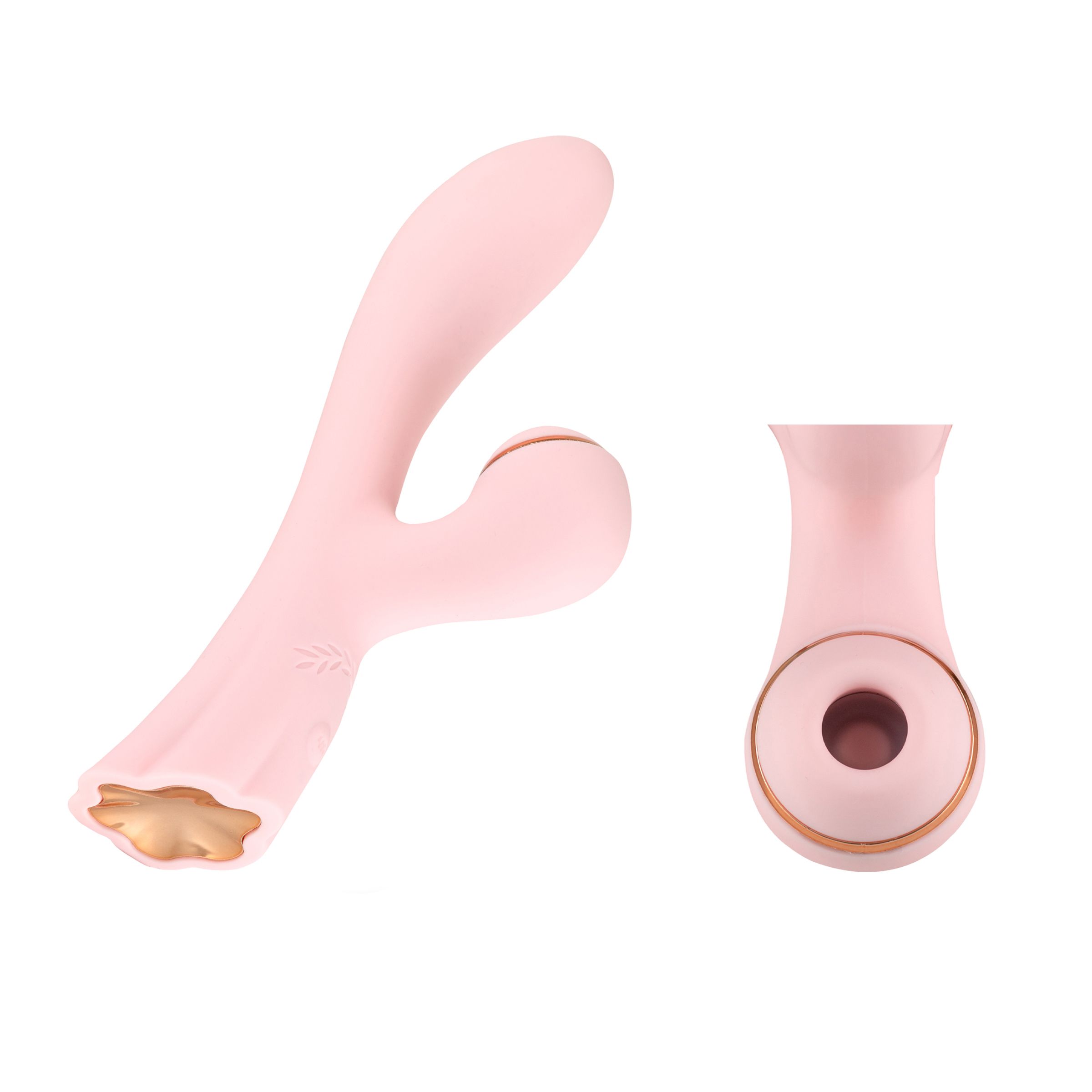 Zwei Teile eines rosa Vibrators. Ein Teil mit goldfarbenem Akzent, das andere mit geschwungener Form.