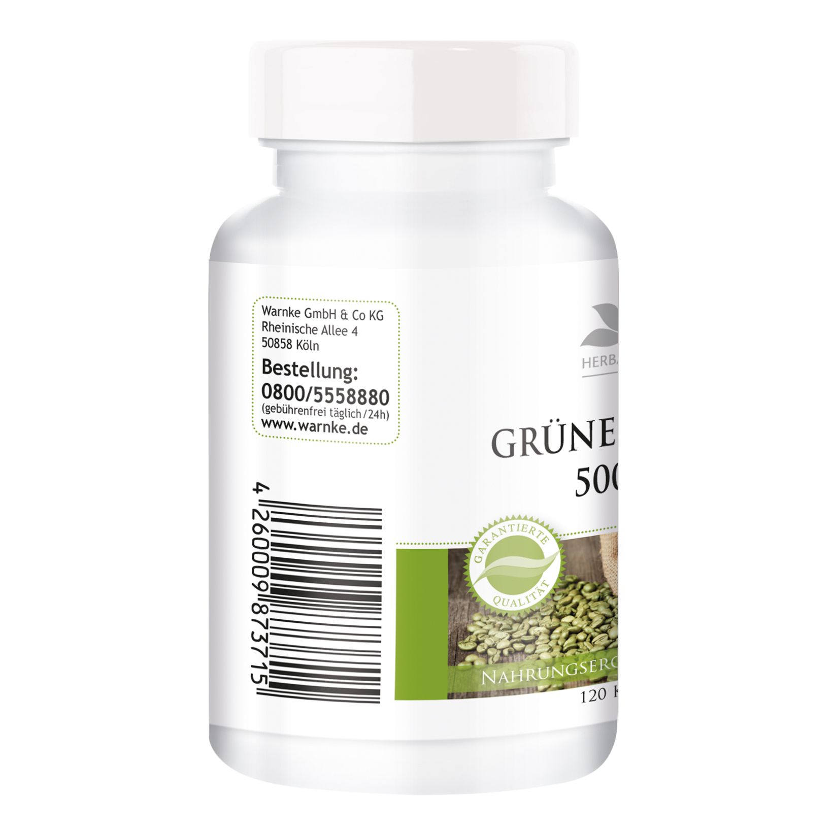 Weiße Flasche mit grünem Etikett. Aufschrift: GRÜNER KAFFEE 500MG. Siegel: Garantierte Qualität. Rückseite mit Herstellerinformationen und Barcode.