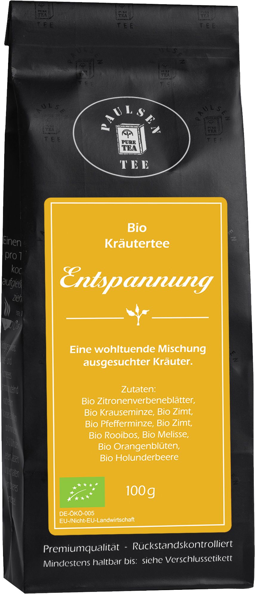 Schwarze Verpackung mit gelbem Etikett. Aufschrift: Bio Kräutertee Entspannung. Logo: Paulsen Tee. 100g.
