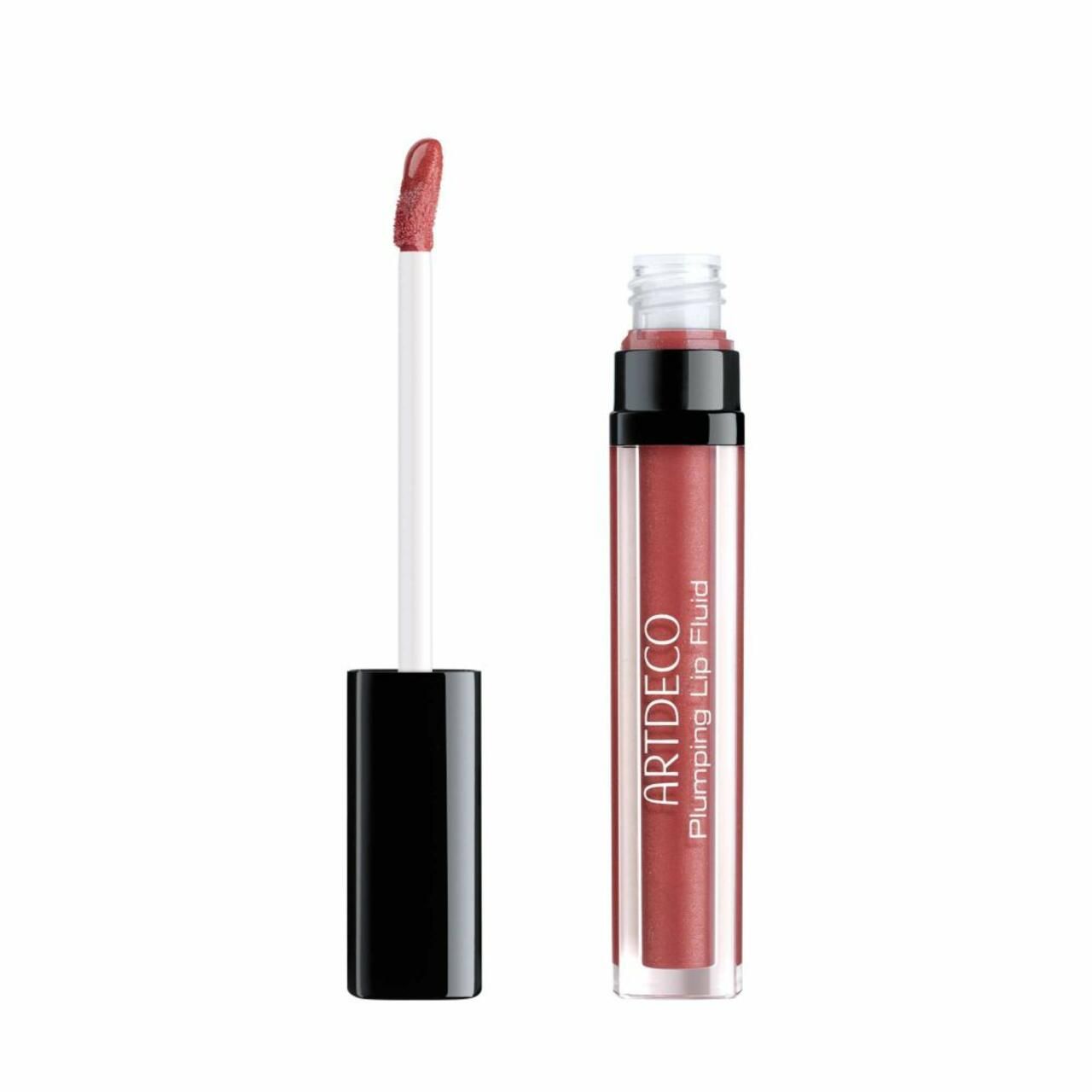 Artdeco Plumping Lip Fluid. Transparentes Fläschchen mit schwarzem Deckel. Applikator mit rosafarbenem Fluid. Produktname sichtbar.