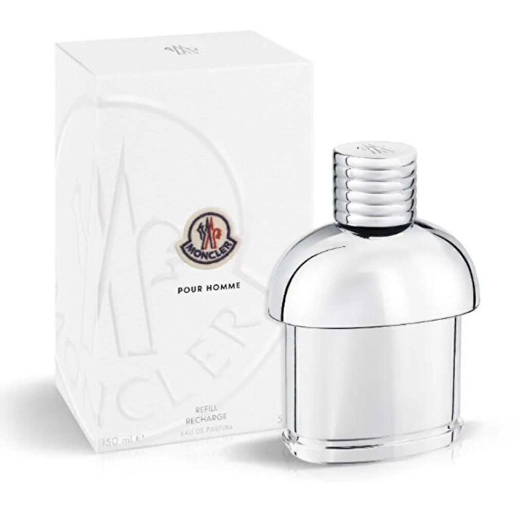 Moncler Pour Homme Eau de Parfum Flakon und Verpackung. Silberner Flakon mit weißer Box.