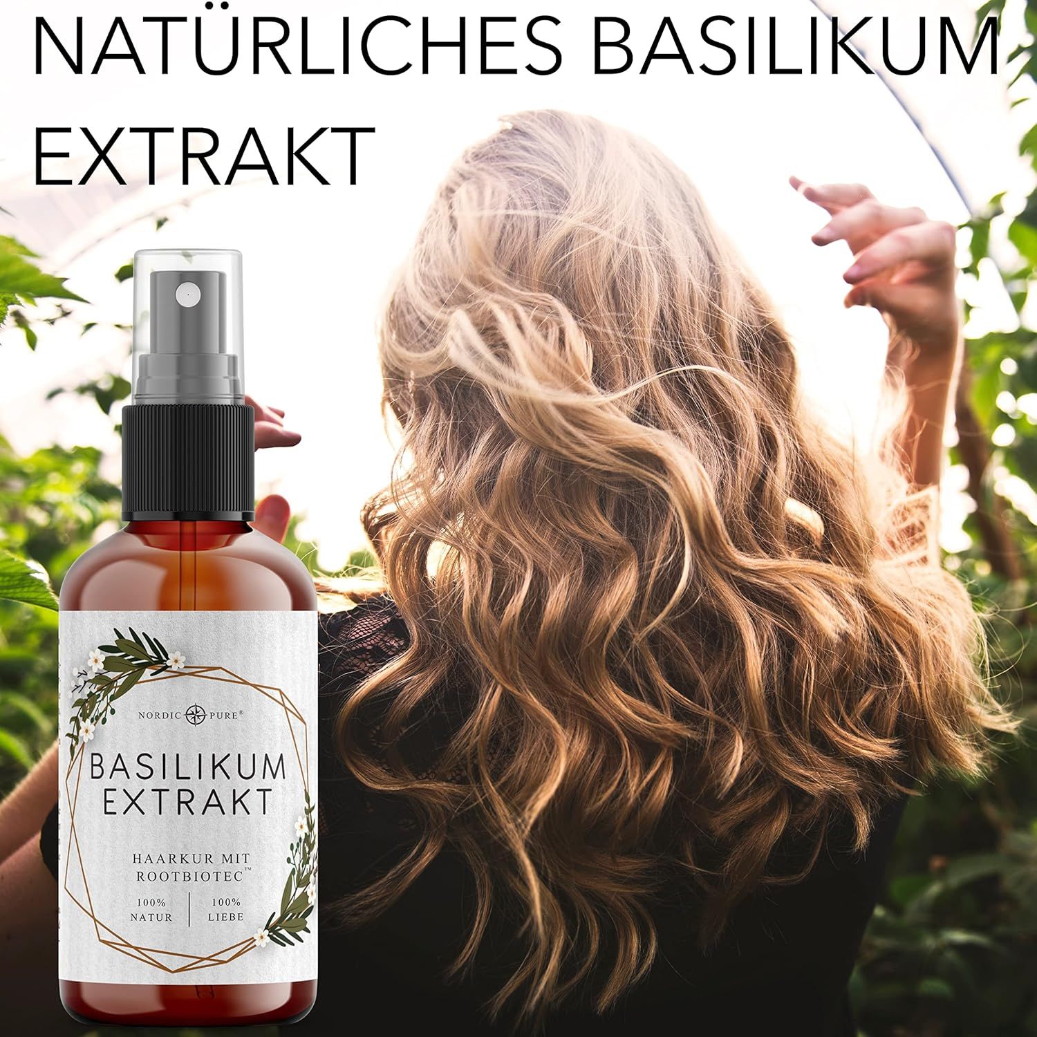 Flasche mit Sprühkopf vor dem Hintergrund einer Frau mit langen, blonden Haaren. Text: Natürliches Basilikum Extrakt.