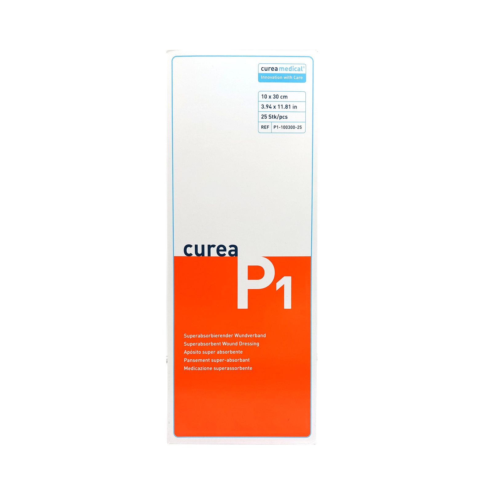 Verpackung von curea P1 Wundverband. Weiß, orangefarben und blau. Enthält Informationen zu Größe und Stückzahl.
