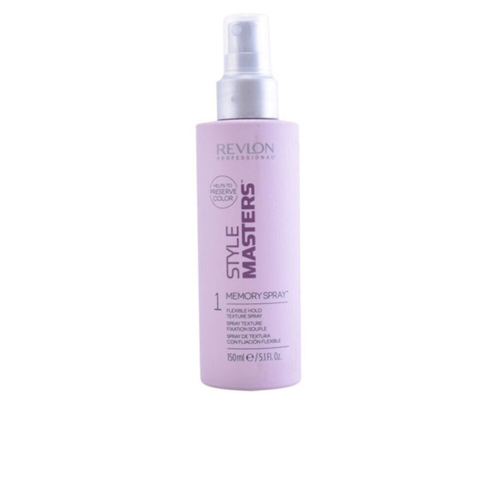 Lila Sprühflasche mit silbernem Sprühkopf. Aufschrift: Revlon Style Masters Memory Spray. 150ml.