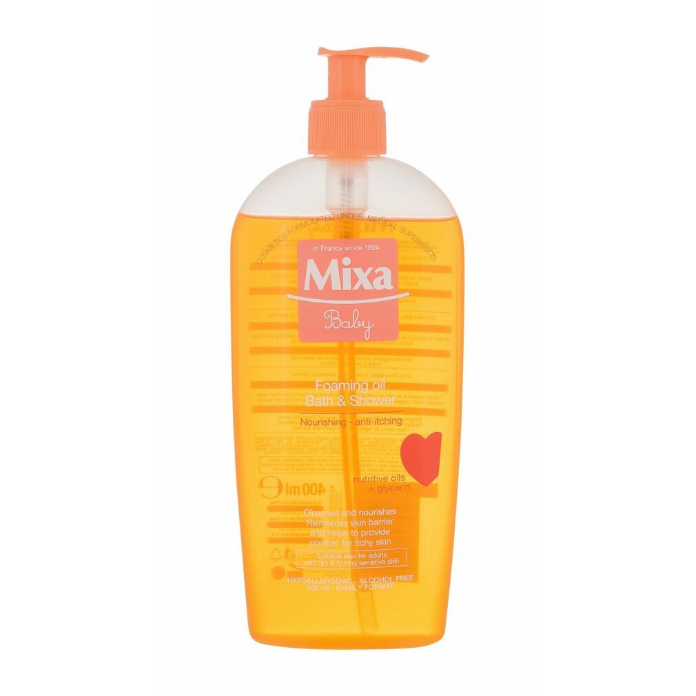 Mixa Baby schäumendes Bade- und Duschöl. Transparente Flasche mit Dosierpumpe. Orangefarbenes Etikett mit Produktnamen und Herzsymbol.