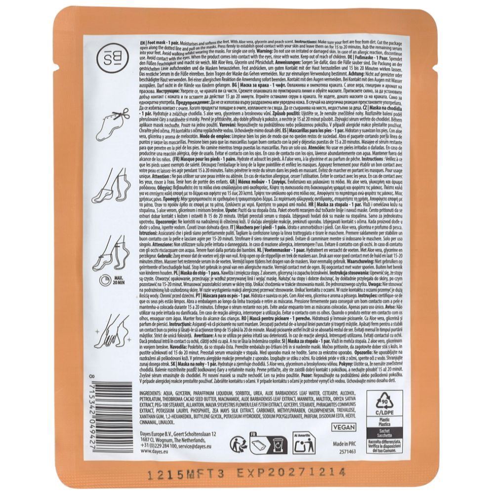 Rückseite der Fußmaskenverpackung. Text in mehreren Sprachen. Enthält Anweisungen, Inhaltsstoffe, Recycling-Symbol und Haltbarkeitsdatum.