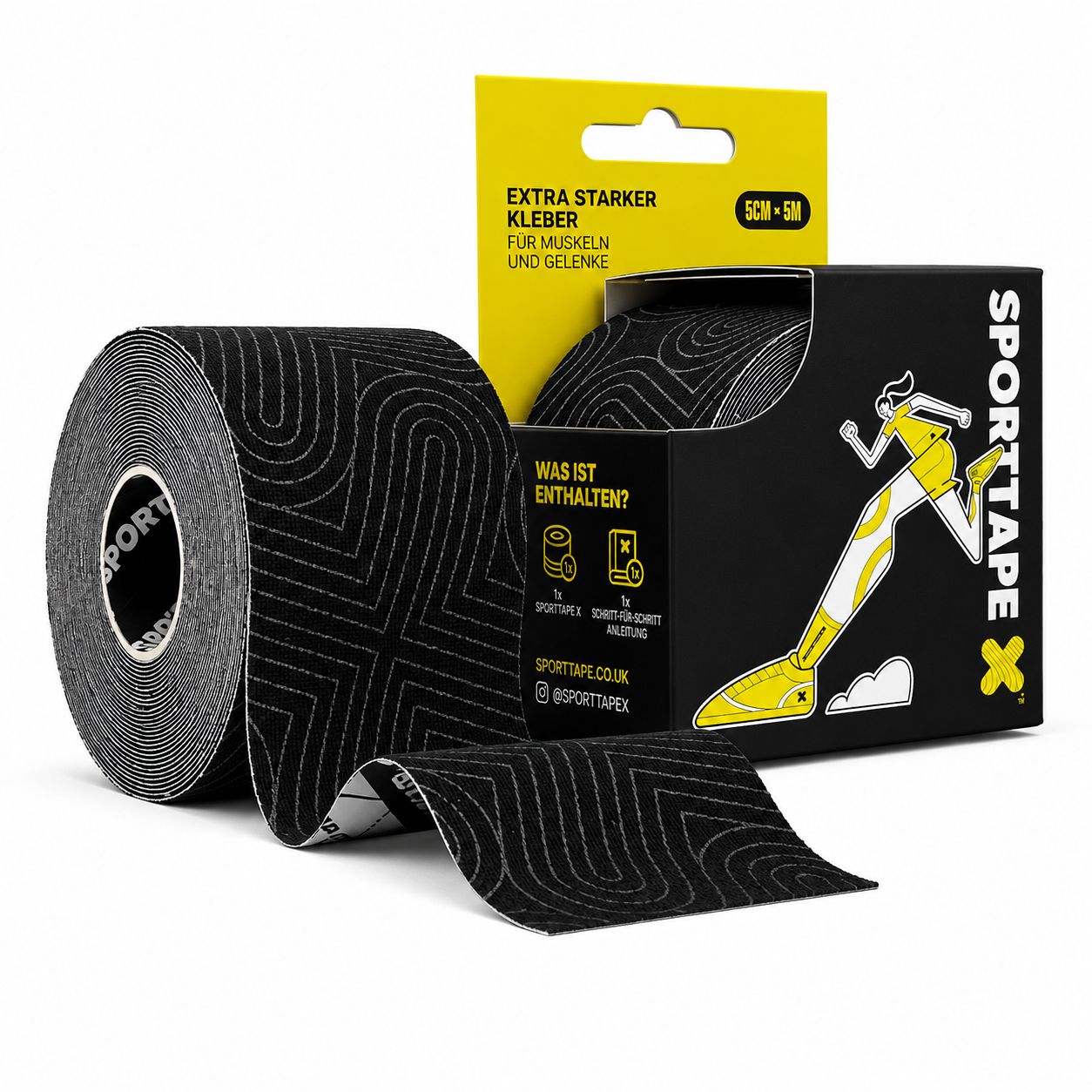 Rolle und Verpackung von schwarzem Kinesiologie-Tape mit Muster. Marke: SPORTTAPE.