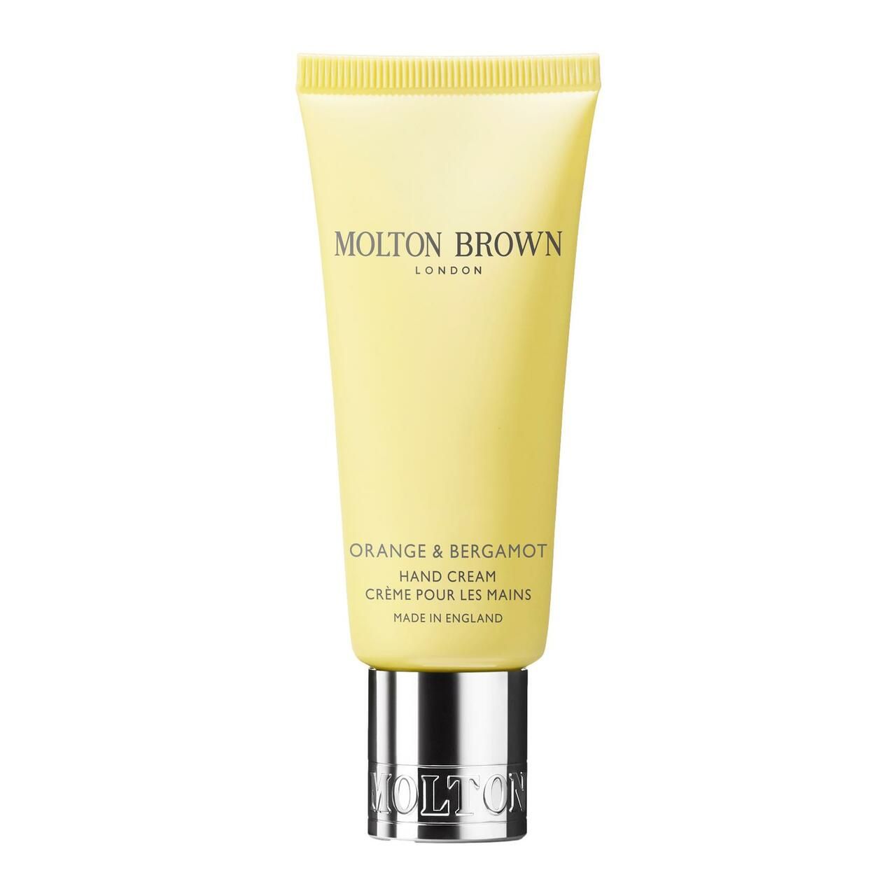Molton Brown Orange & Bergamot Hand Cream Tube mit silbernem Verschluss.
