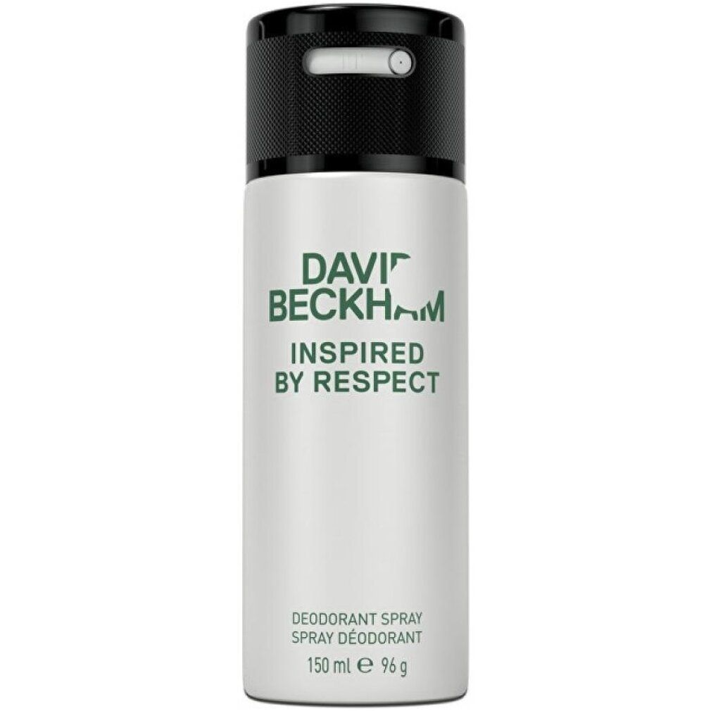 Deodorant-Spray. Weißer Behälter, schwarzer Deckel. Aufschrift: DAVID BECKHAM INSPIRED BY RESPECT. 150 ml.