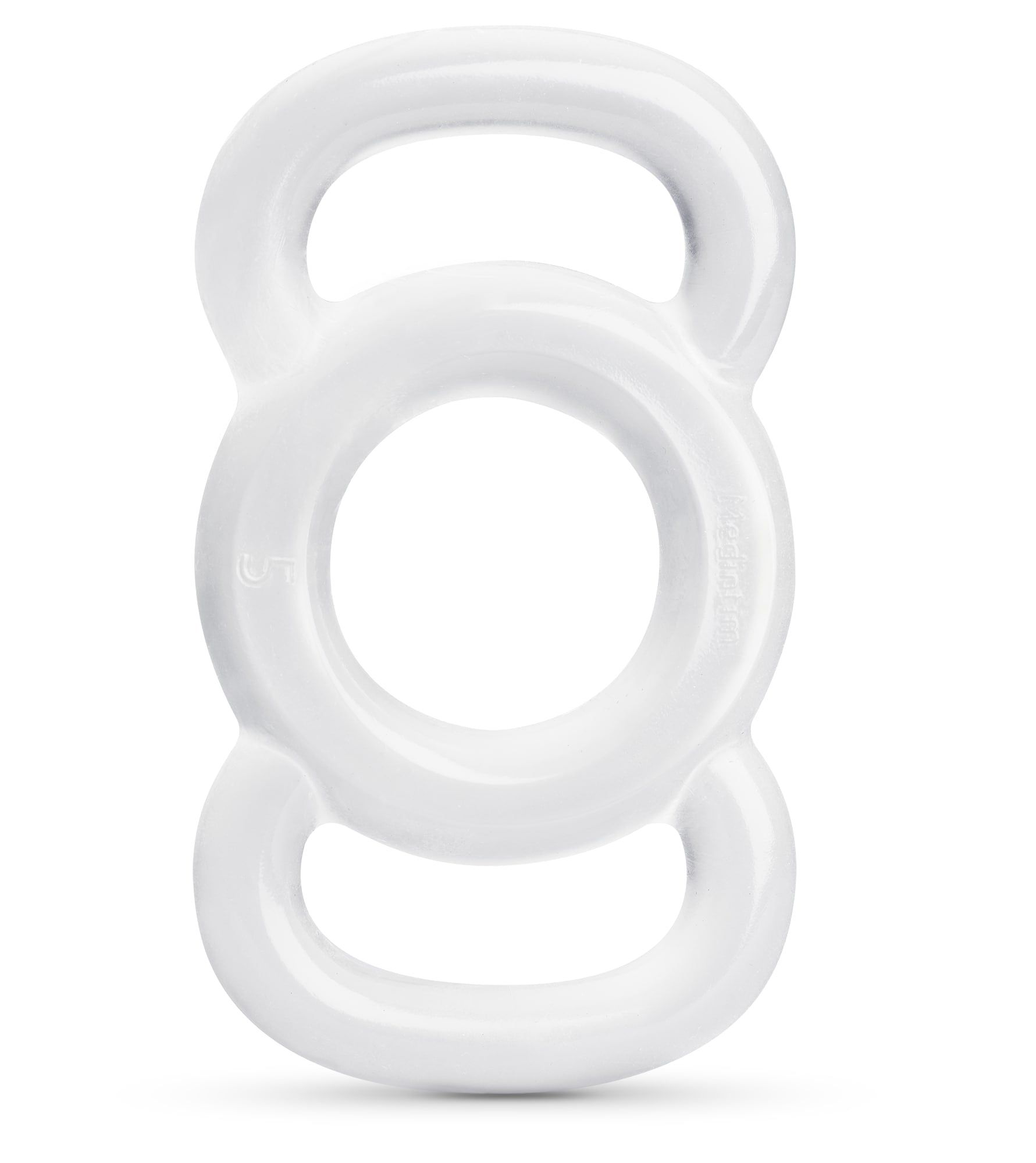 Weißes Produkt mit drei verbundenen Ringen. Mittlerer Ring mit größerer Öffnung.