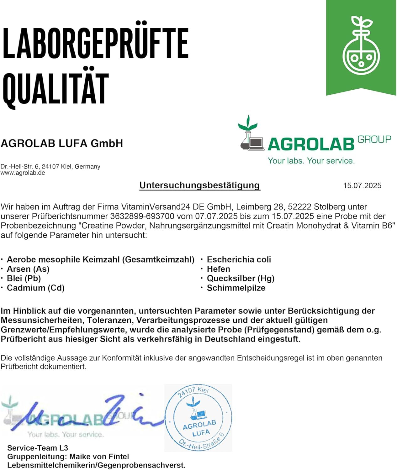 Laborgeprüfte Qualität. Zertifikat der AGROLAB LUFA GmbH. Auflistung von untersuchten Parametern wie Keimzahl, Schwermetalle, etc. Unterschrift.