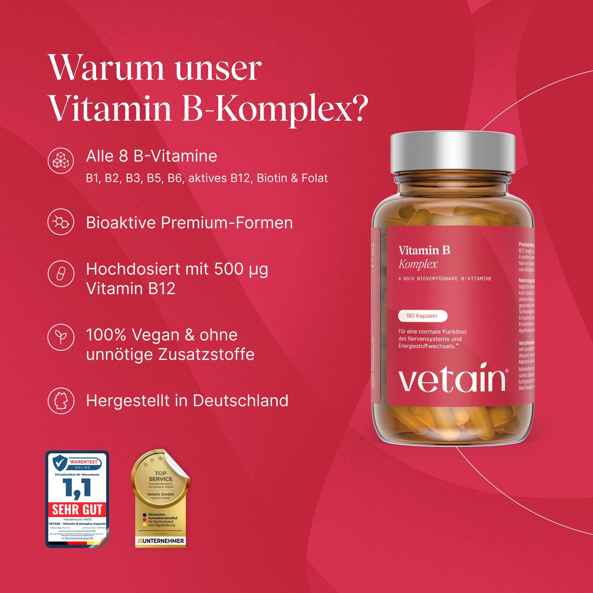 Vetain Vitamin B Komplex Flasche mit 90 Kapseln. Enthält alle 8 B-Vitamine, bioaktive Formen, 500 µg Vitamin B12. Vegan.