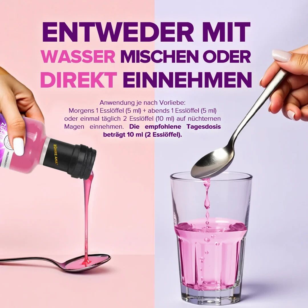 Kollagen Sirup wird in ein Glas Wasser gegossen oder direkt eingenommen.