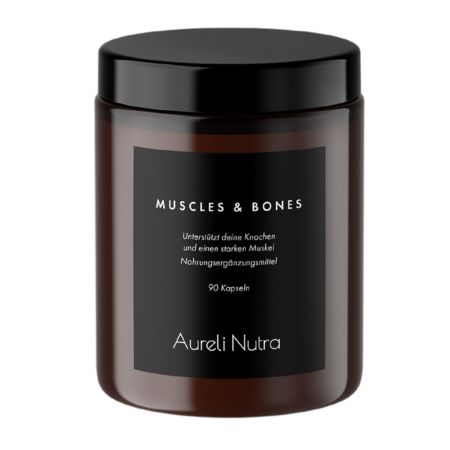 Braune Dose mit schwarzem Deckel und Etikett. Aufschrift: Muscles & Bones, Aureli Nutra, 90 Kapseln.
