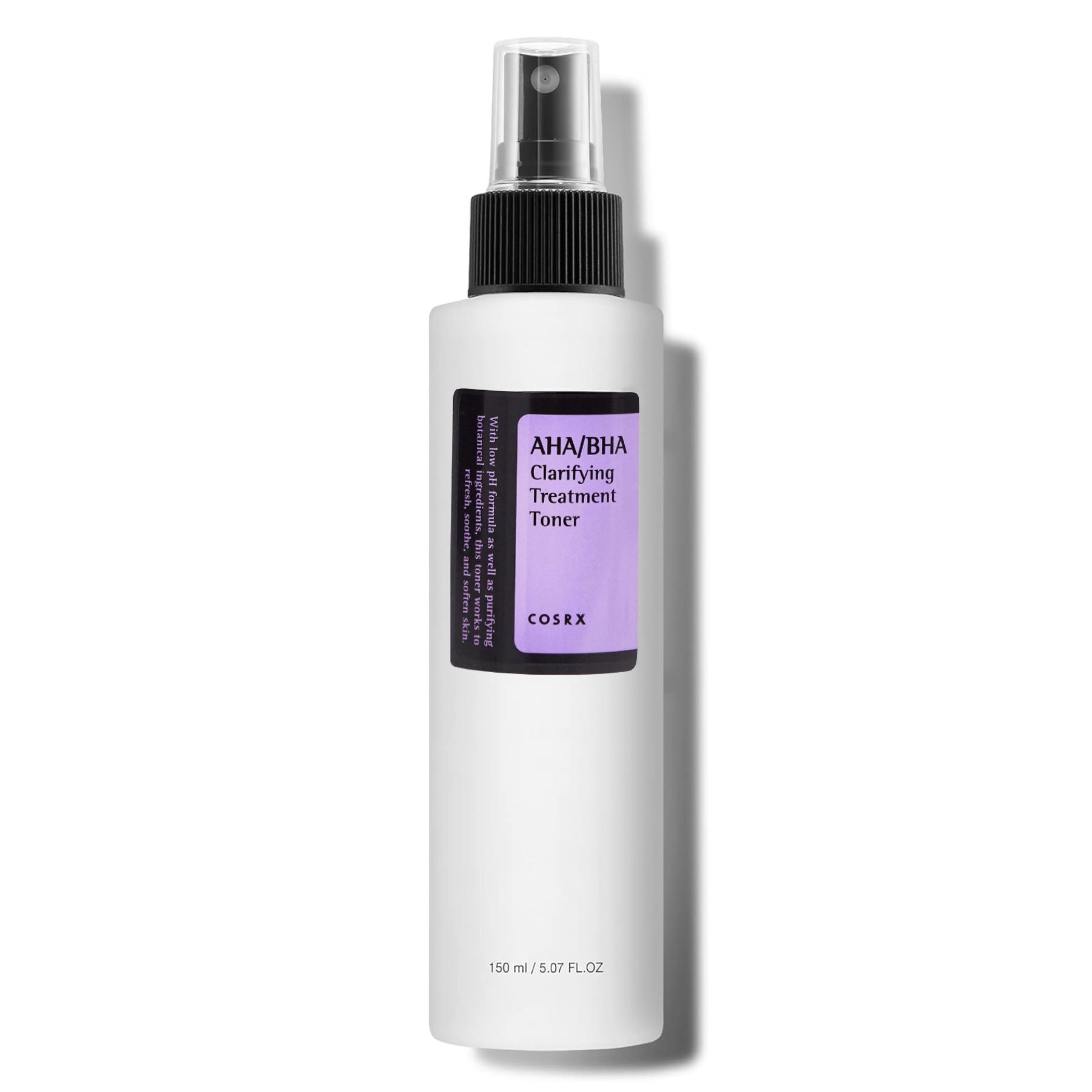 Weiße Flasche mit schwarzem Sprühkopf. Etikett mit AHA/BHA Clarifying Treatment Toner und COSRX-Logo.