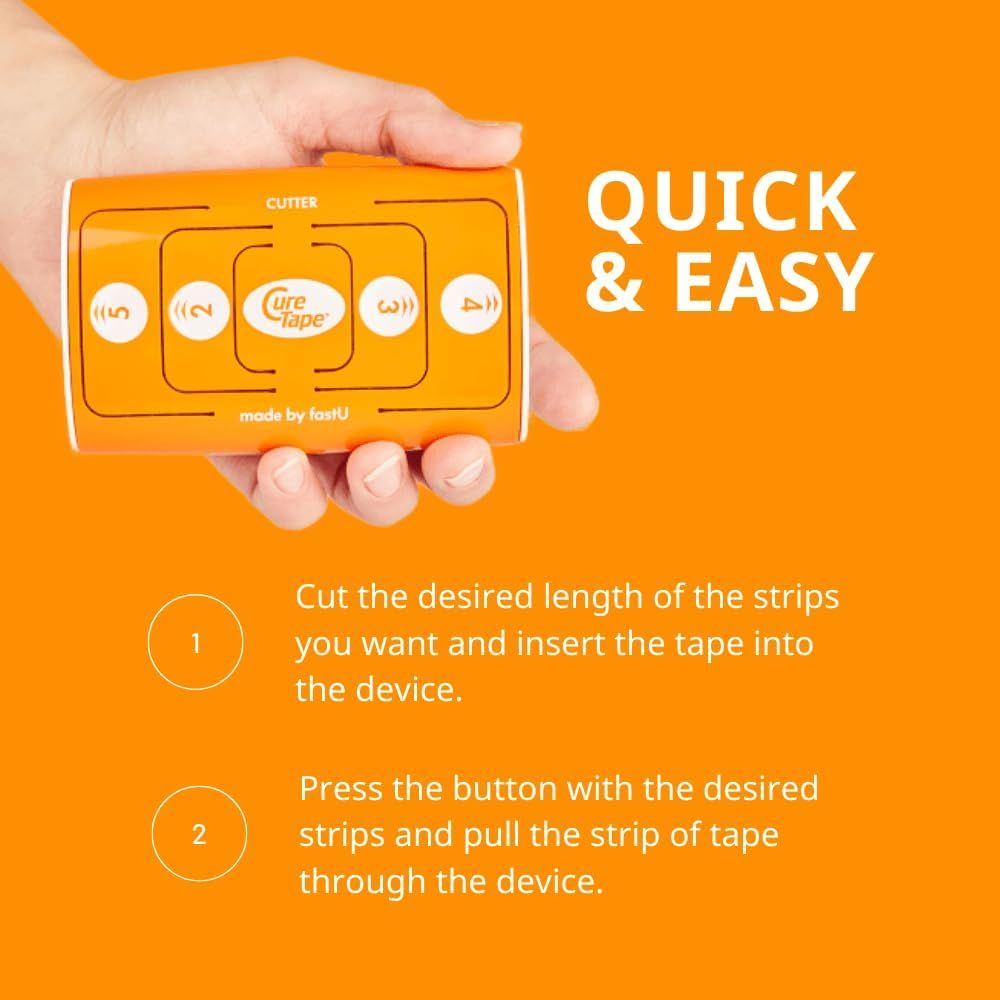 Hand hält einen orangefarbenen Cutter. Text: Quick & Easy. Anweisungen: Streifen in das Gerät einführen, Knopf drücken, Streifen ziehen.