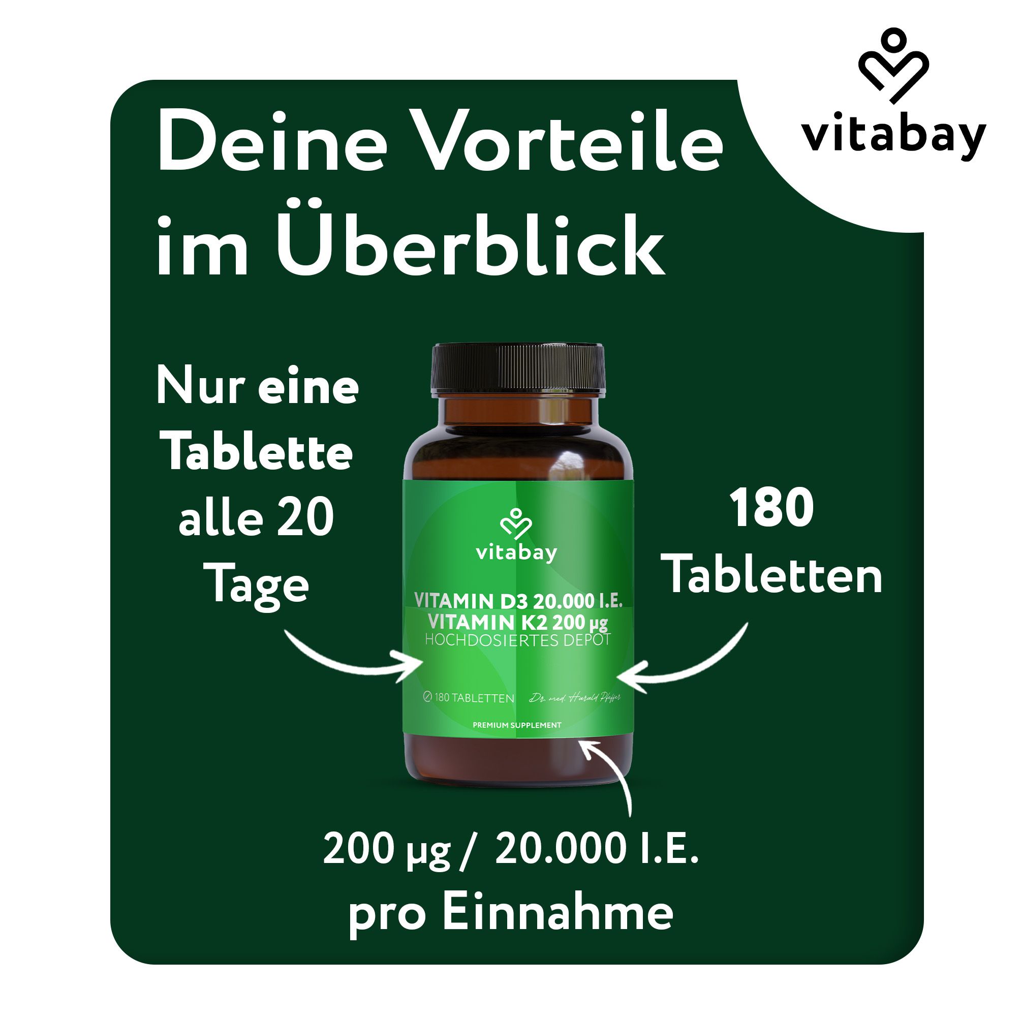 Werbebild mit Flasche. Text: Deine Vorteile im Überblick. Nur eine Tablette alle 20 Tage. 180 Tabletten. 200 µg / 20.000 I.E. pro Einnahme. Vitabay Logo.