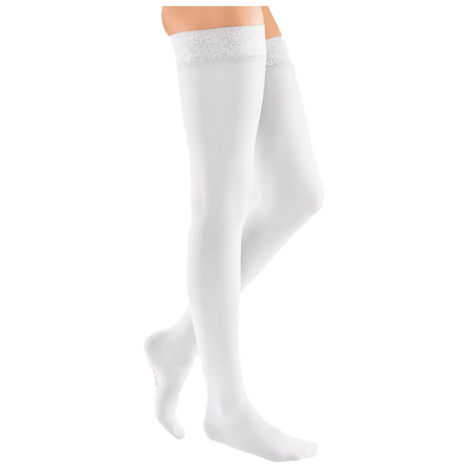 Weiße Kompressions-Schenkelstrümpfe mit Spitze am oberen Rand. Seitliche Ansicht, die das Produkt am Bein zeigt.