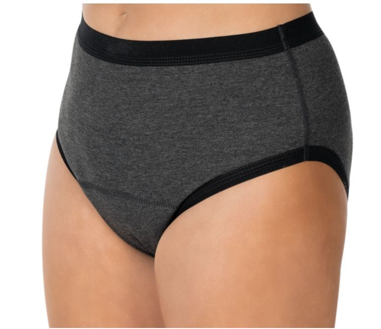 Anthrazitfarbener Inkontinenz-Slip. Seitliche Ansicht. Schwarzer Bund. Für Damen.