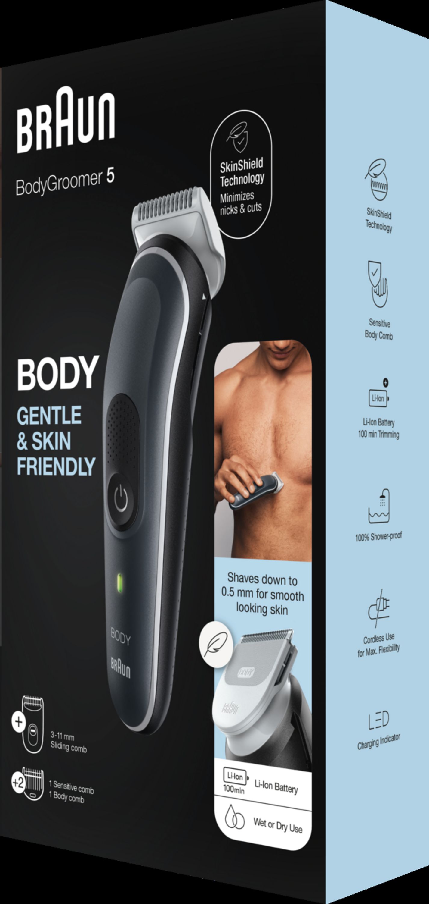 Braun BodyGroomer 5, schwarz-grau. Produktabbildung mit Text. Enthält Zubehör. SkinShield-Technologie. Li-Ion-Akku.