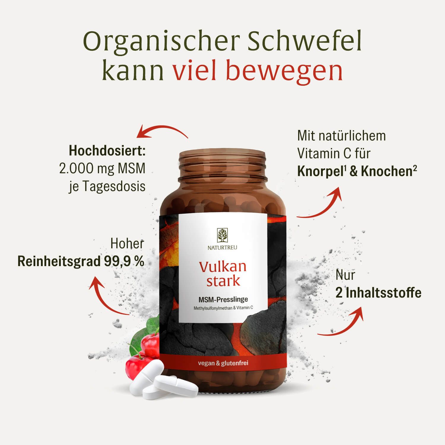 NATURTREU Vulkan stark MSM-Presslinge: 2000mg MSM, 99.9% Reinheit, 2 Inhaltsstoffe, mit Vitamin C.