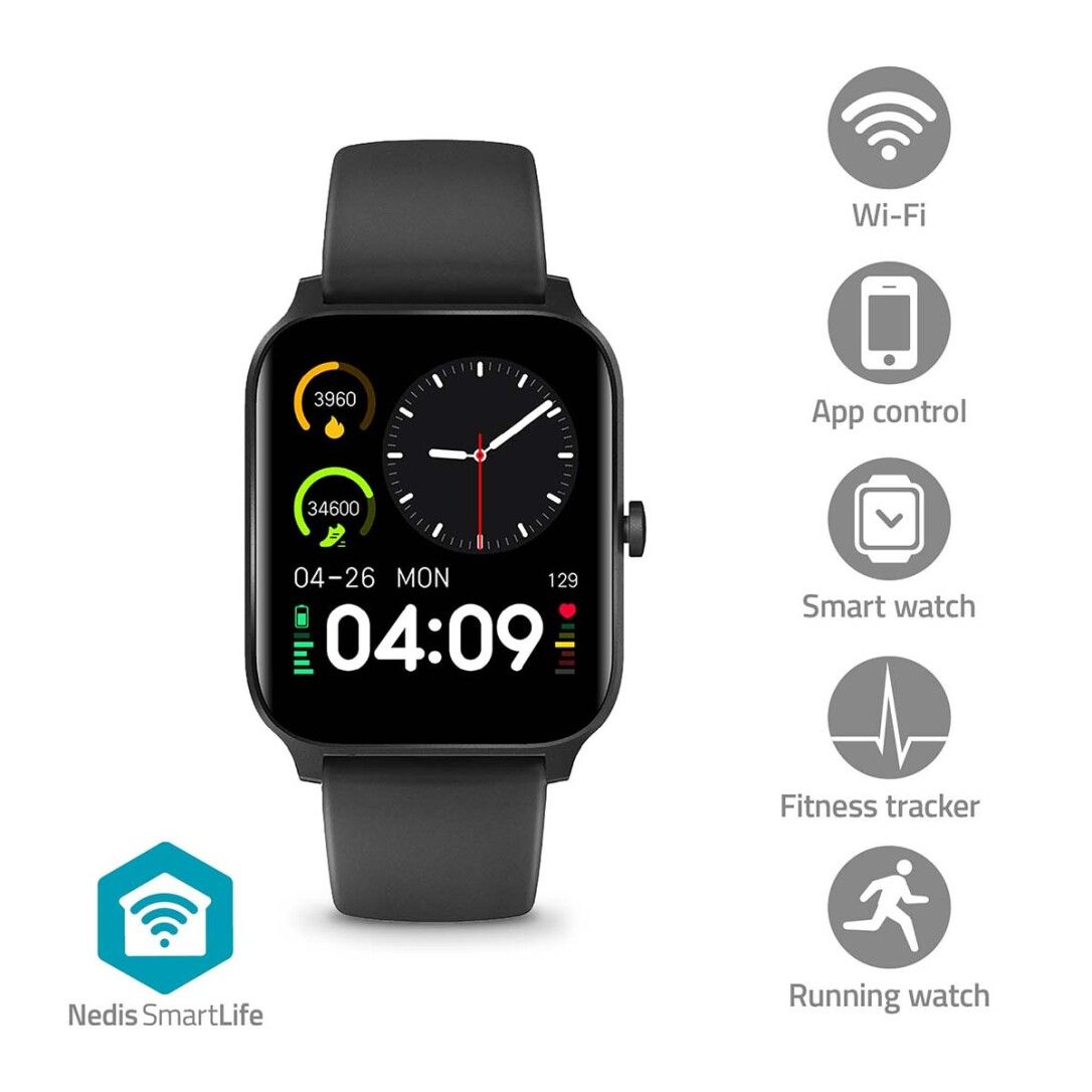 Schwarze Smartwatch mit digitaler Anzeige. Funktionen: Wi-Fi, App-Steuerung, Smartwatch, Fitness-Tracker, Running Watch. Nedis SmartLife-Logo.