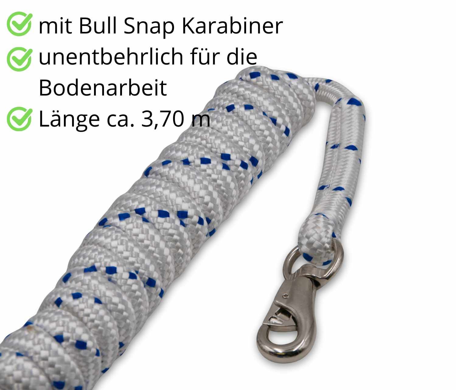 Weißes Seil mit Karabinerhaken. Text: mit Bull Snap Karabiner, Länge ca. 3,70 m.