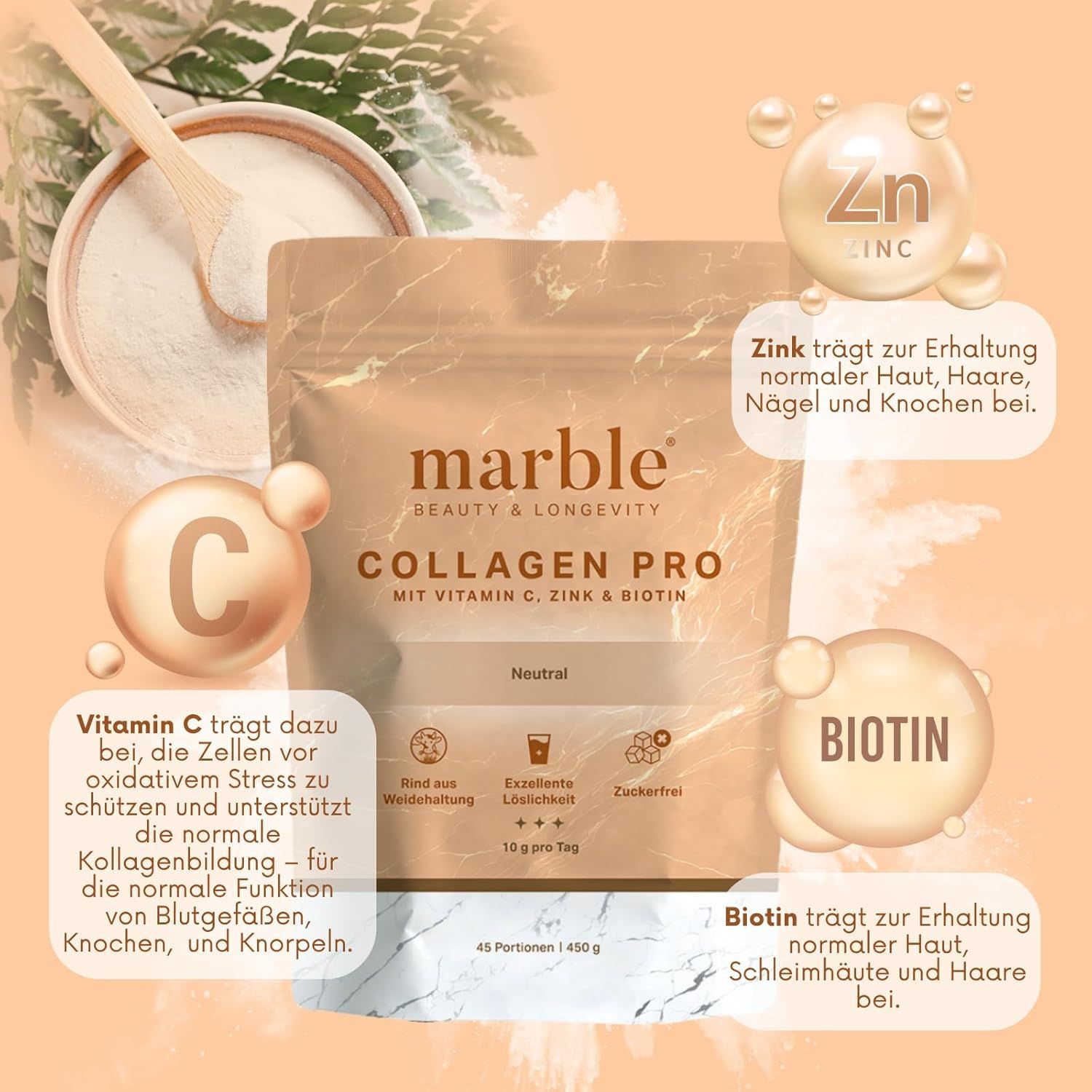 Marmelade Collagen Pro Beutel mit Infografiken zu Vitamin C, Zink und Biotin.