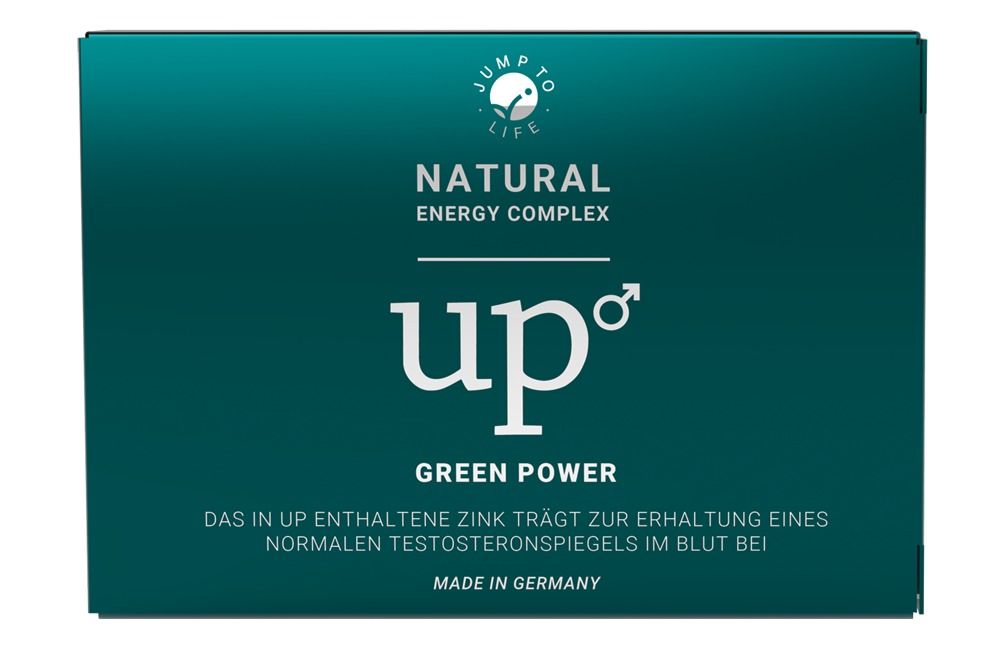 Produktkarton "up GREEN POWER NATURAL ENERGY COMPLEX". Enthält Informationen über Zink und Testosteron.