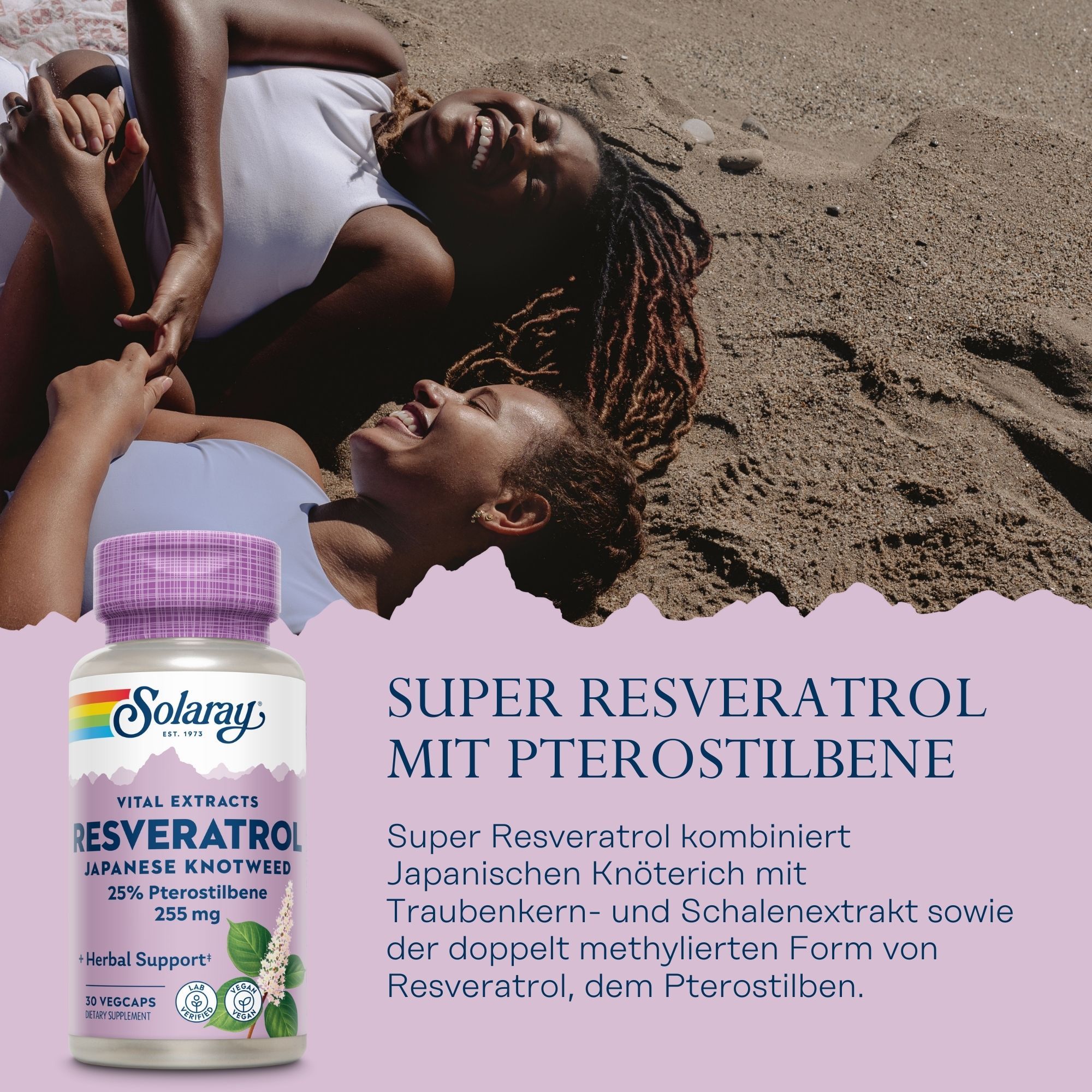 Zwei Frauen lachen. Solaray Super Resveratrol mit Pterostilben. Kombiniert japanischen Knöterich mit Traubenkern- und Schalenextrakt.
