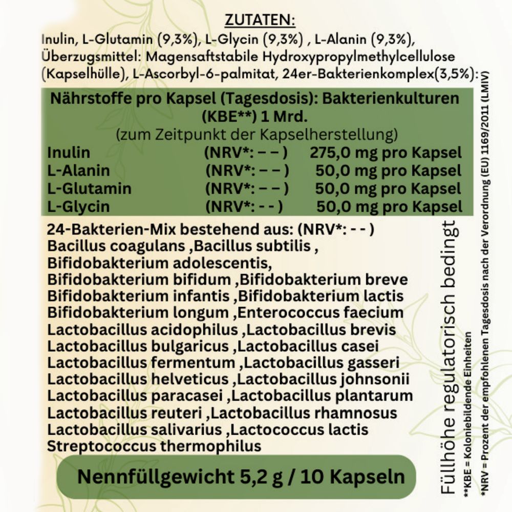 Grünes Etikett mit Zutatenliste und Nährwertangaben pro Kapsel. Enthält Inulin, L-Glutamin, L-Glycin, u.a. 24 Bakterienstämme.
