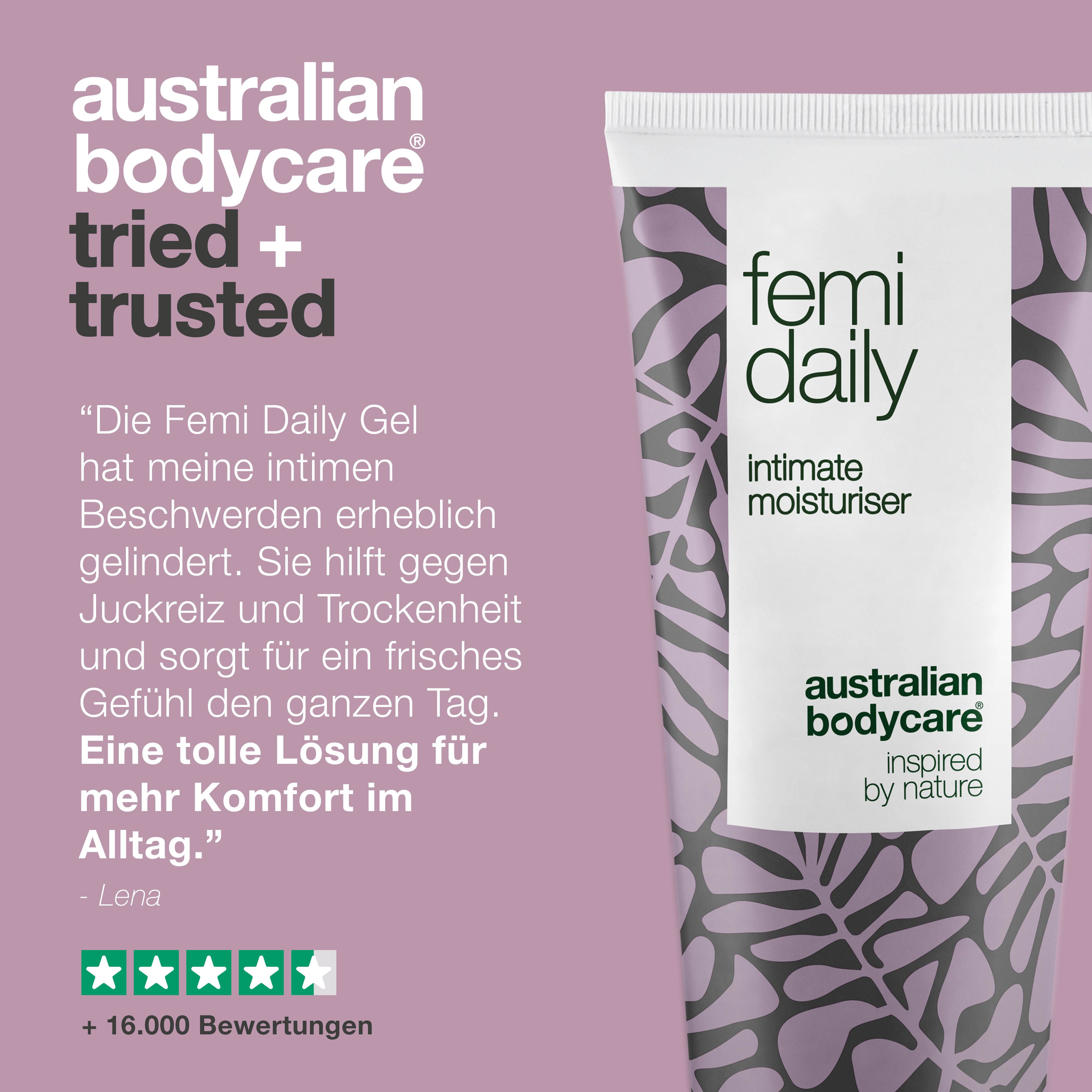 Femi Daily Intim-Feuchtigkeitspflege. Text: Lena, +16.000 Bewertungen. Lila Muster.