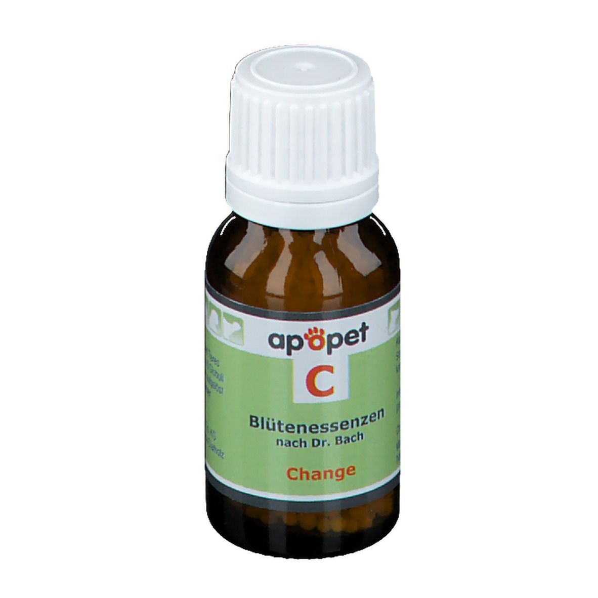 Braune Glasflasche mit weißem Deckel und grünem Etikett. Aufschrift: apopet C, Blütenessenzen nach Dr. Bach, Change.