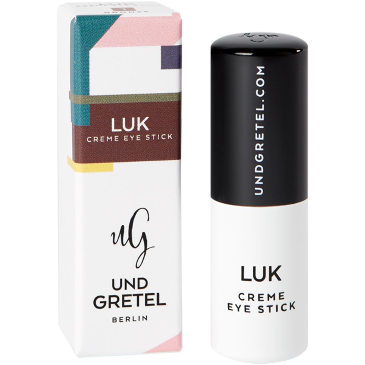 Produktverpackung mit Eye Stick. Text und Logo. Rechteckige Form.