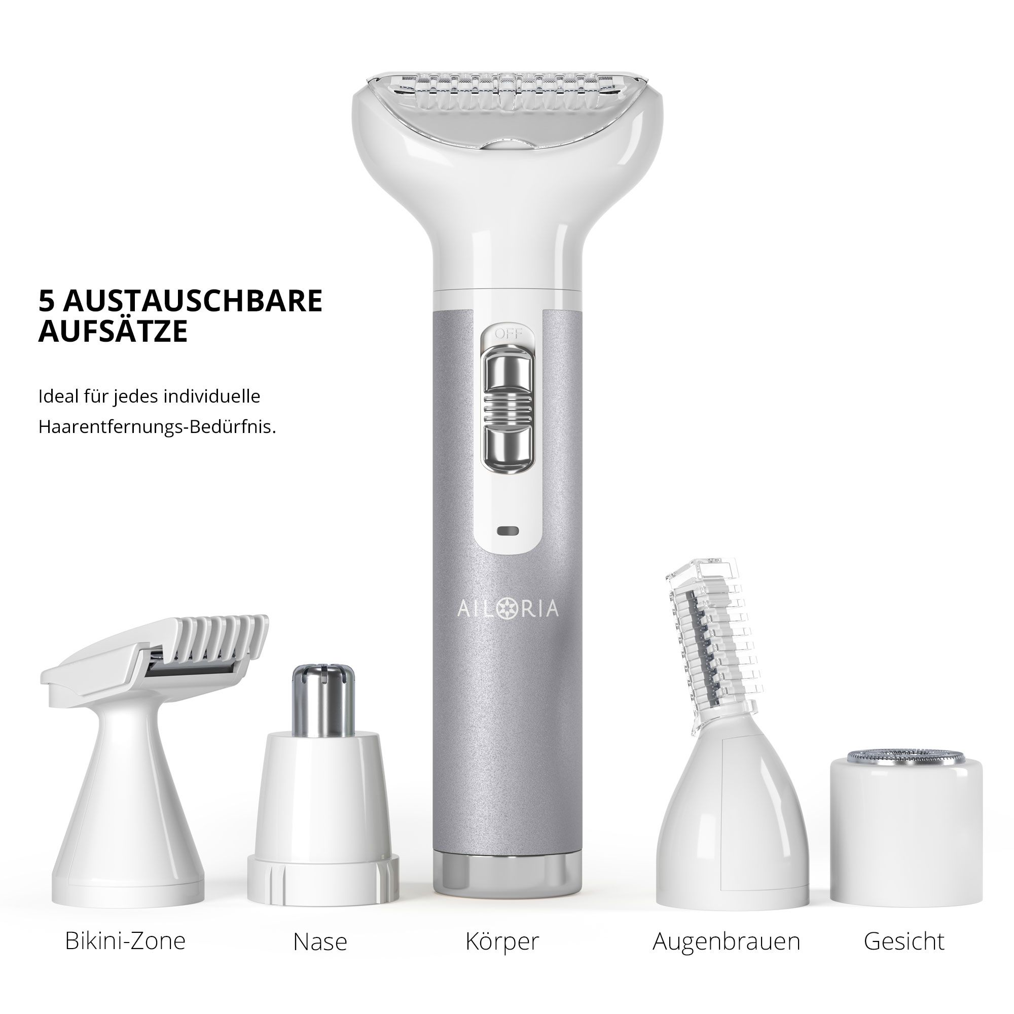 AILORIA EVAPORE Set mit fünf Aufsätzen. Aufsätze für Körper, Gesicht, Augenbrauen, Nase und Bikini-Zone. Silberner Griff.