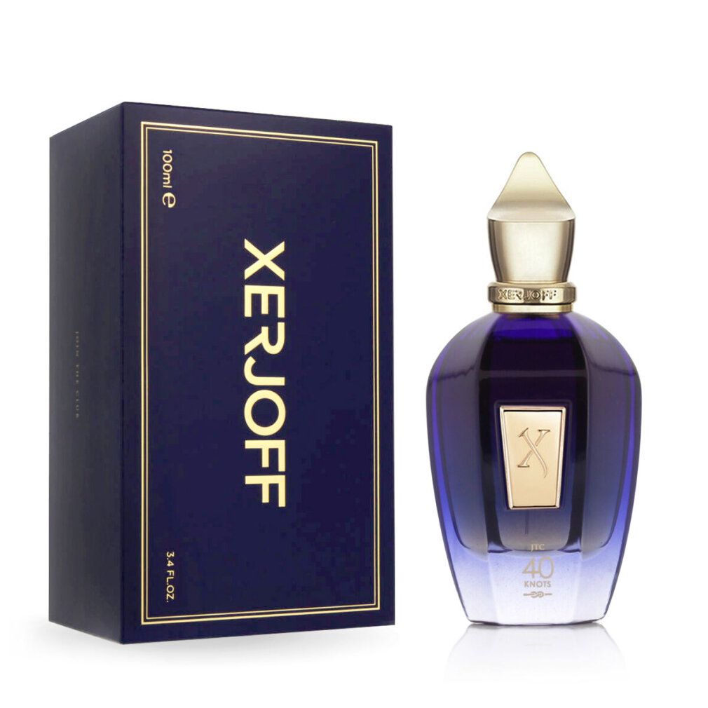 Blau-goldene Schachtel und Flakon. Flakon mit goldfarbenem Verschluss und Etikett 'X'. Text: 'XERJOFF'.