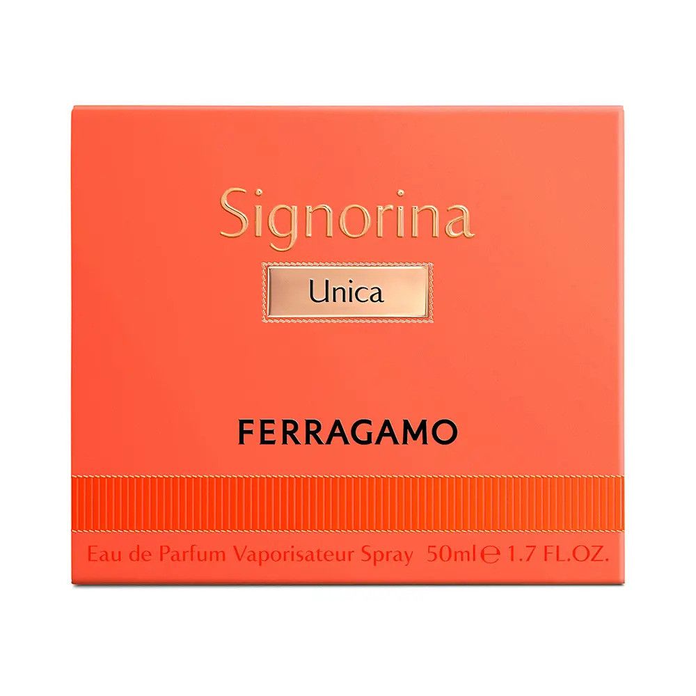 Orangefarbene Schachtel. Aufschrift: Signorina Unica, Ferragamo. Text: Eau de Parfum Vaporisateur Spray 50ml 1.7 FL.OZ.
