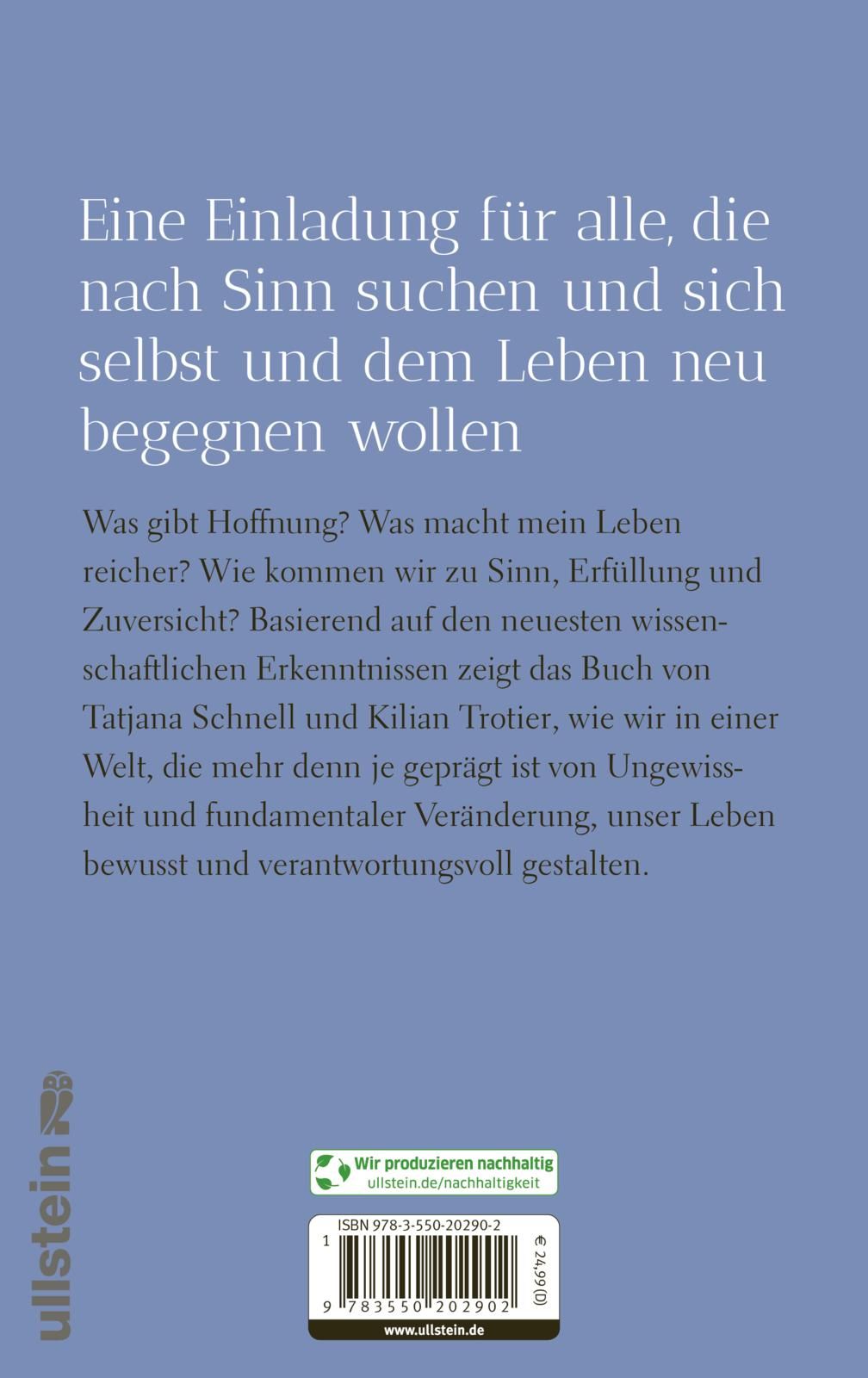 Buchrückseite mit Text. Titel: "Sinn finden". Autoren: Tatjana Schnell, Kilian Trotier. Verlag: Ullstein.