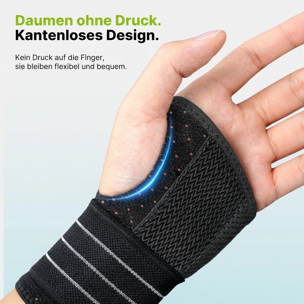 Handgelenkbandage mit offenem Daumenbereich für mehr Bewegungsfreiheit.
