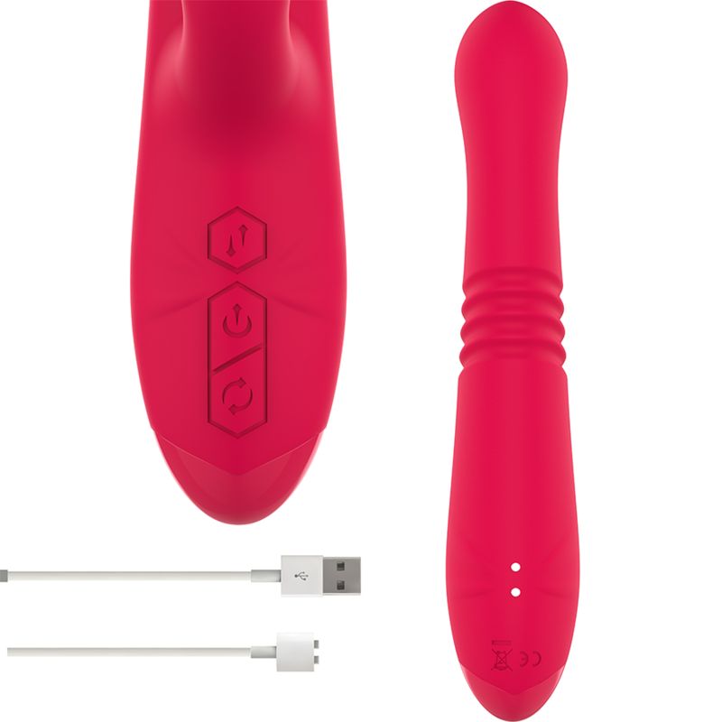 Roter Vibrator mit Ladeanschluss und USB-Kabel. Zwei Ladeanzeigen sind sichtbar.
