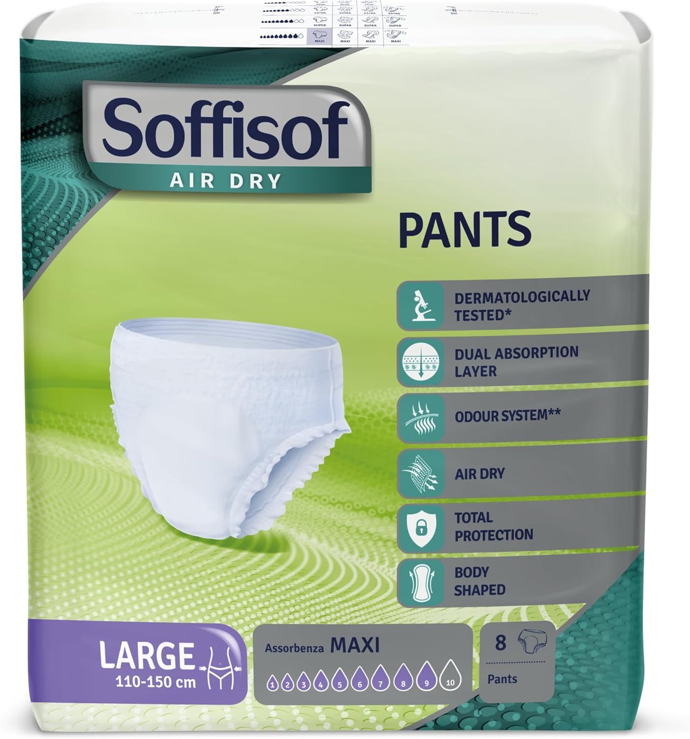 Soffisof Pants Maxi Inkontinenz Windelhosen. Weiße Pants-Windel, Größe L, 110-150 cm. Verpackung mit 8 Stück. Dermatologisch getestet.