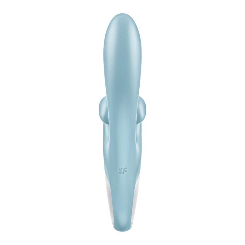 Blauer Vibrator mit weißem Bedienfeld. Ovale Form, zwei seitliche Elemente.