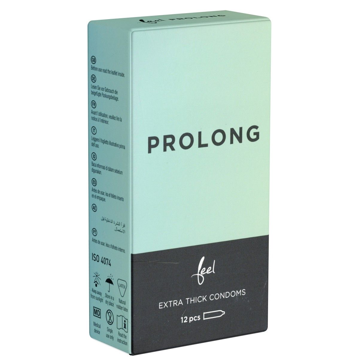 Schachtel mit Kondomen. Aufschrift "PROLONG" und "EXTRA THICK CONDOMS". Enthält 12 Stück. Marke "feel".