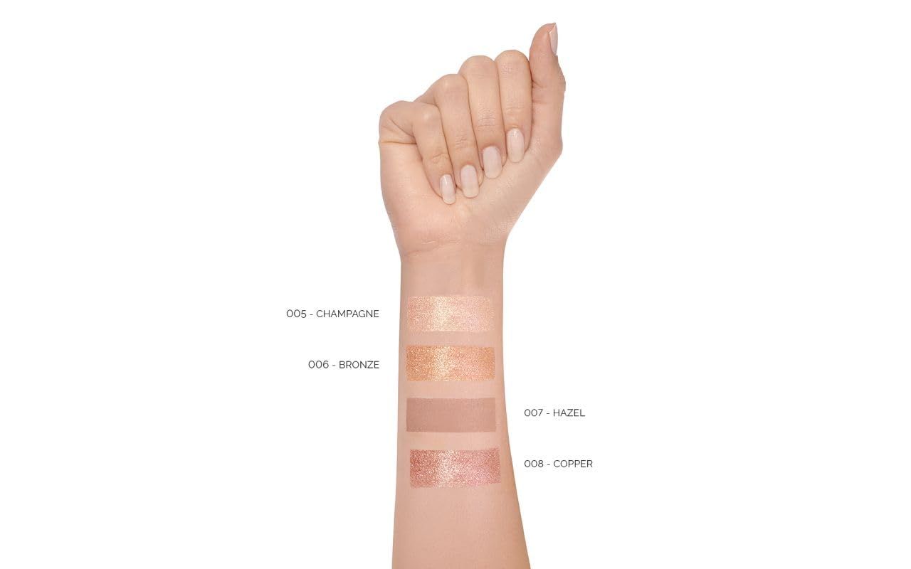 Arm mit vier Lidschatten-Swatches. Farben: 005 Champagne, 006 Bronze, 007 Hazel, 008 Copper. Text auf dem Arm.