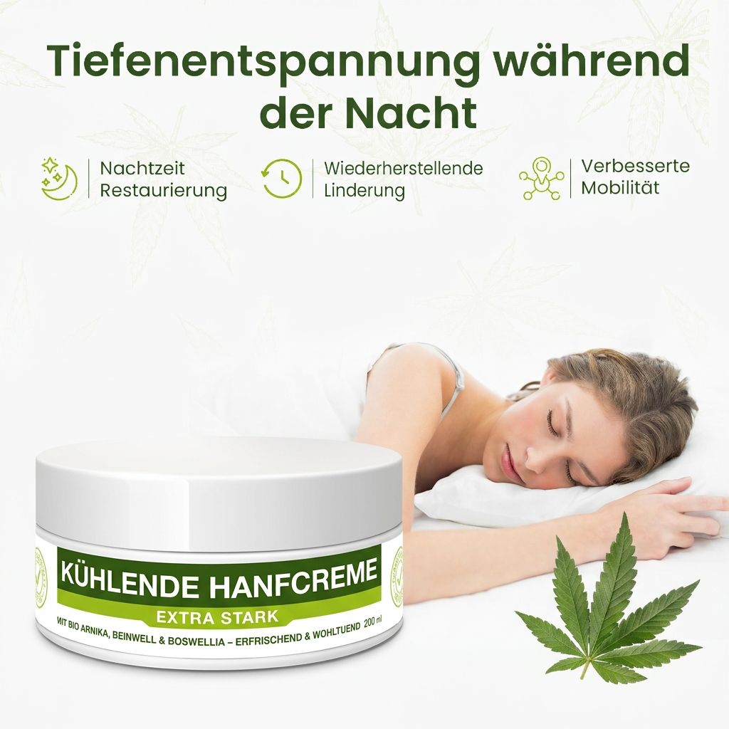 Weißes Tiegel mit grüner Aufschrift: KÜHLENDE HANFCREME. Extra Stark. Frau schläft im Bett. Grünes Blatt.