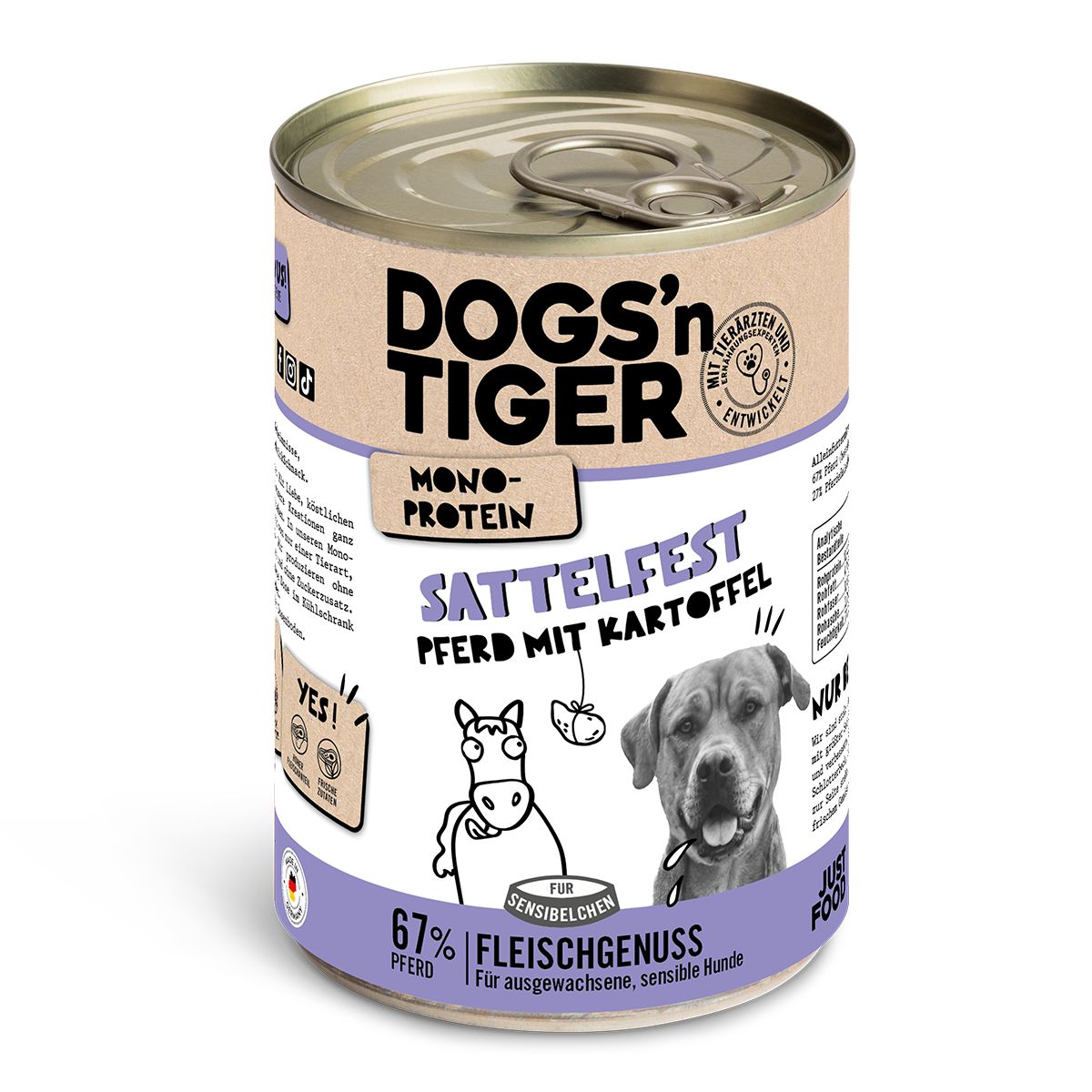 Hundefutterdose. Aufschrift: Dogs'n Tiger, Monoprotein, Sattelfest, Pferd mit Kartoffel. Abbildung eines Hundes und einer Kuh.