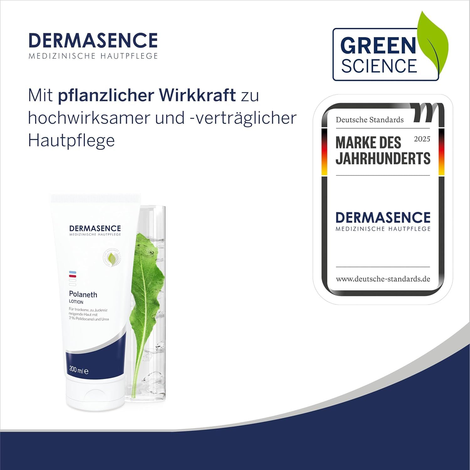 DERMASENCE Polaneth Lotion und Pflanze. Logo, Text: Marke des Jahrhunderts 2025. Green Science Logo. Medizinische Hautpflege.